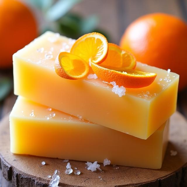 Ein Stück handgemachte Zitrusseife mit Orangenschalen.